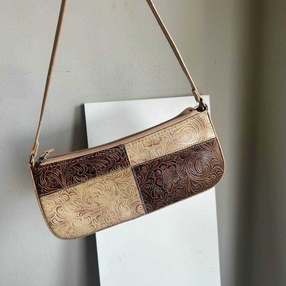 Brown & Tan Colorblock Mini Shoulder bag - vintage floral design